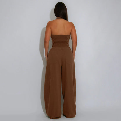 Fashionable Backless Casual Romper with Pockets for Women Summer Breathable Lightweight Solid Color One-Piece Suit