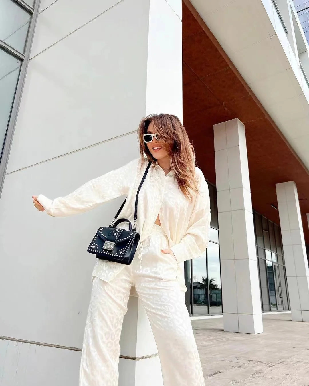 2024 Autumn White Satin Wide Leg Trousers Suit For Women Office Leopard Print Two-Piece Set Home Tracksuit Female Pajamas Sets.