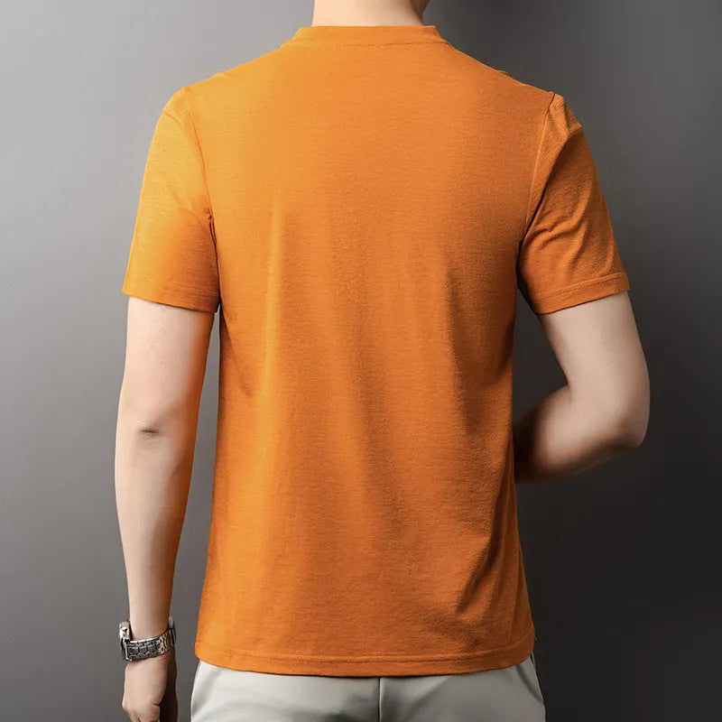 Korean Men's Casual and Fashionable Small V-neck Solid Color Short Sleeved T-shirt Comfortable Summer Versatile Top.