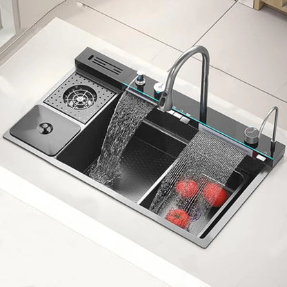 Modern Multifunctional Nano Kitchen Sink with Waterfall Faucet & Accessories for Home Chefs and Families in Contemporary Kitchen