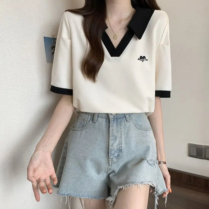 Plus Size Women's Casual Polo Neck Short Sleeve T-Shirt Slimming Belly Cover Summer Age Defying Shoulder Level Top.