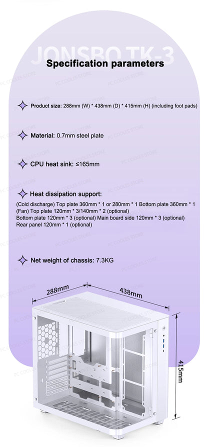 JONSBO TK-3 Desktop Chassis Curved Sea View Room Side Transparent ATX E-sports Case Double 360 Water Cooler Type-c Interface.