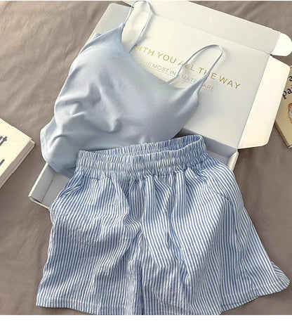 Einfarbiger Pyjama mit Brustpolstern, gestreifte Shorts für Damen, Sommer, dünne Leibchen-Shorts, Loungewear, großer Pyjama, zweiteiliges Set.