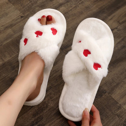 Fashion Cross Strap Fur Slippers Women Indoor Light Warm Plush Home Slippers Woman Faux Fur Flat Heel Couple Slides Plus Size 43