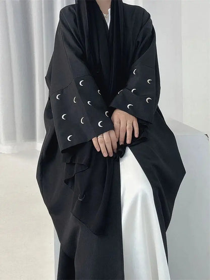 Moon Embroidery Open Abaya 2024 New Luxury Kimono Coat Hijab Muslim Sets for Women Islam Retro Modest Clothing for Party Kebaya