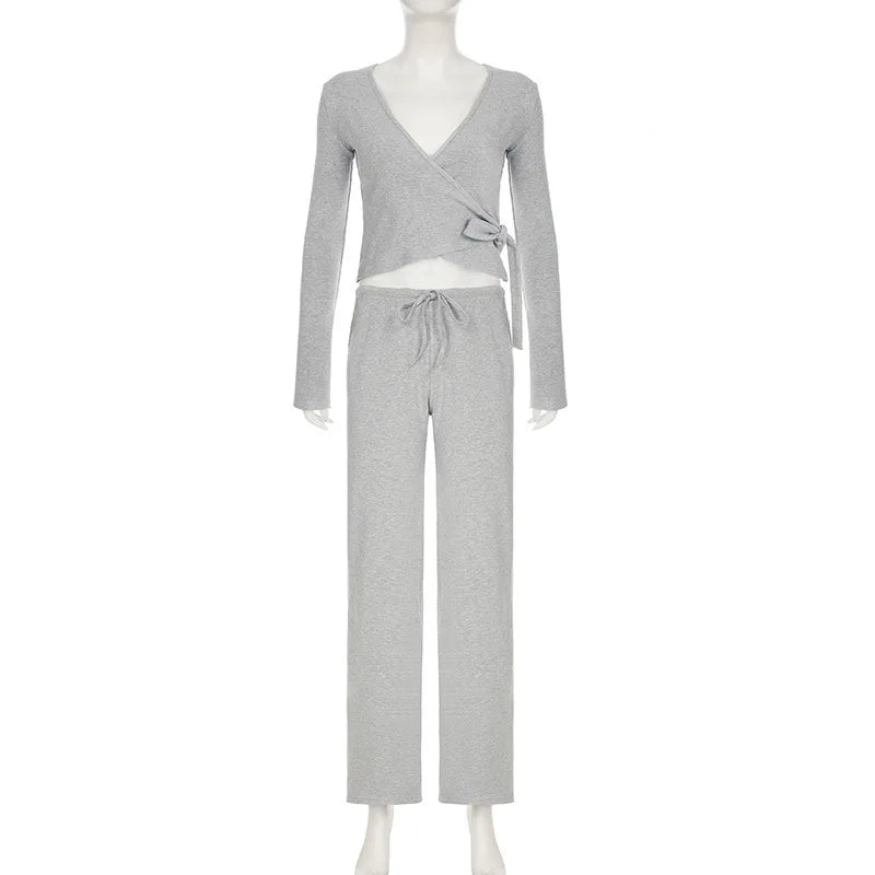 Apprabant Casual Fashion Drawstring High Waist Trousers Set Lace Up Flared Sleeve V Neck Twist Tops Plush Loose Pants Suit.