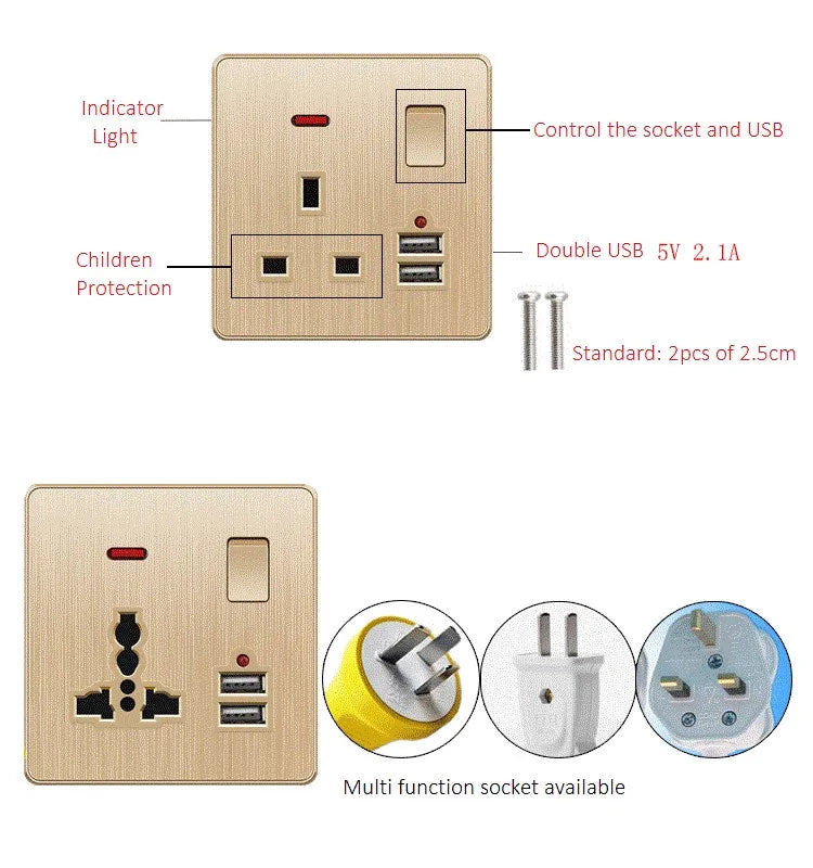 Große Neigungssteckdose im nordischen Stil, grau, 13 A, elektrische Schaltersteckdose nach britischem Standard, universelle Wand-Doppelsteckdose mit USB-Anschluss 2,1 A.