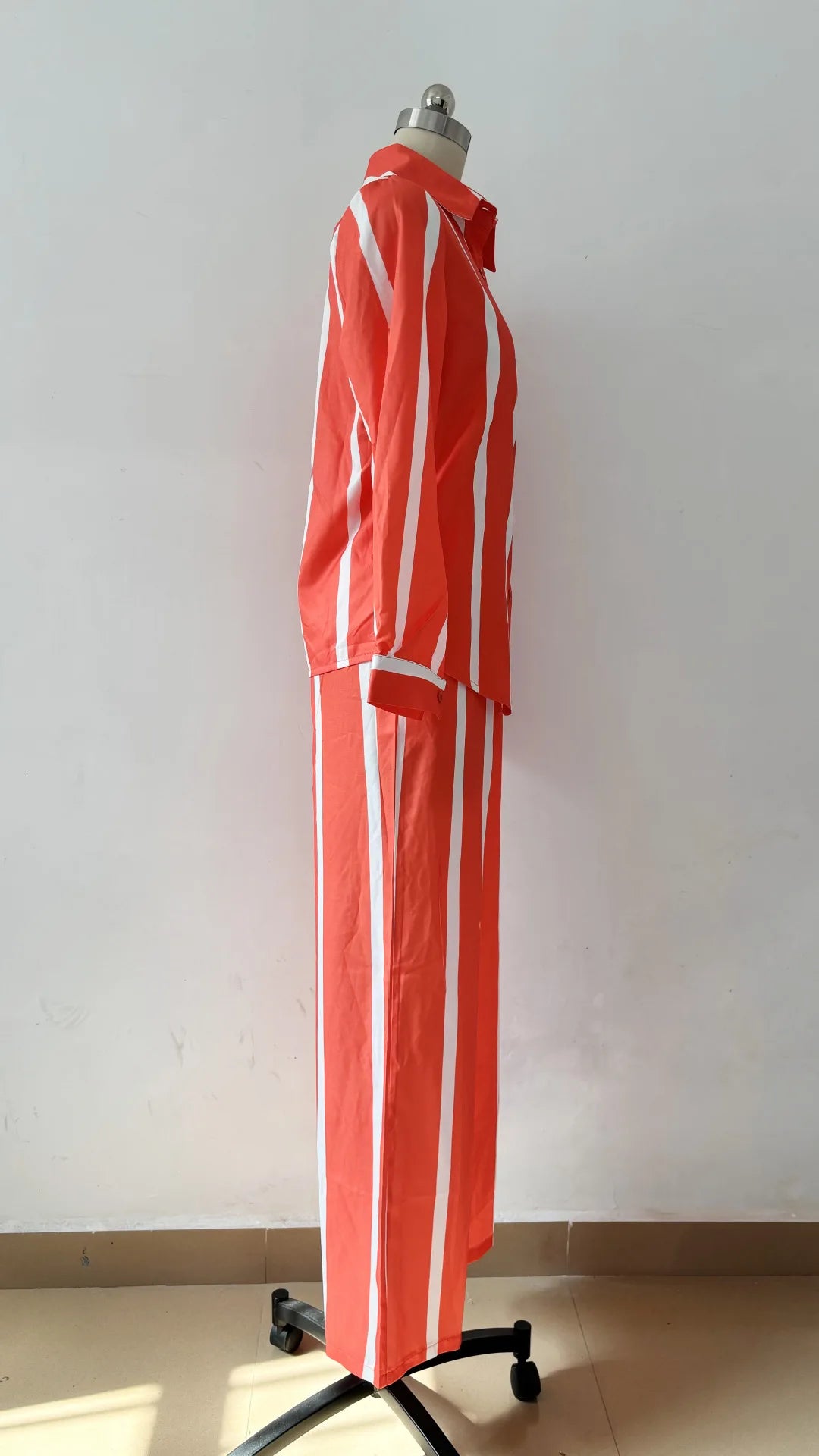 Fashion Striped Print Suit For Women Elegant Lapel Long Sleeved Shirt Elastic Waist Wide Leg Pants Two Piece Set 2024 Autumn New.