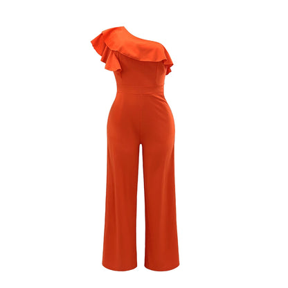 Ruffle One Shoulder Jumpsuit, Elegant Solid jumpsuit For Spring &Summer, women's Clothing.