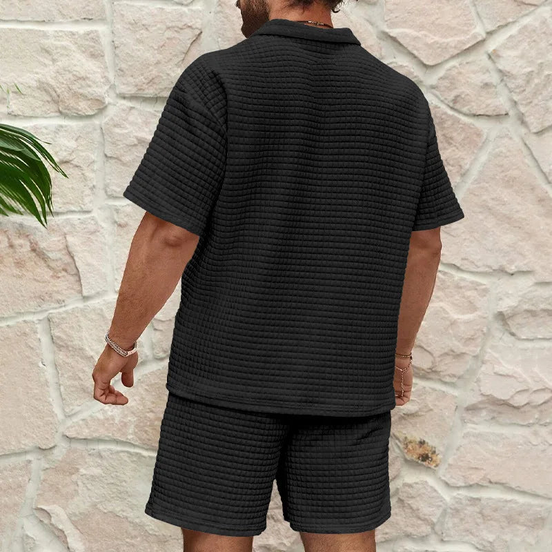 2024European and American Men's Spring and Summer Trends Youth Outdoor Lapel Small Plaid Short Sleeve Shorts Sports Suit.