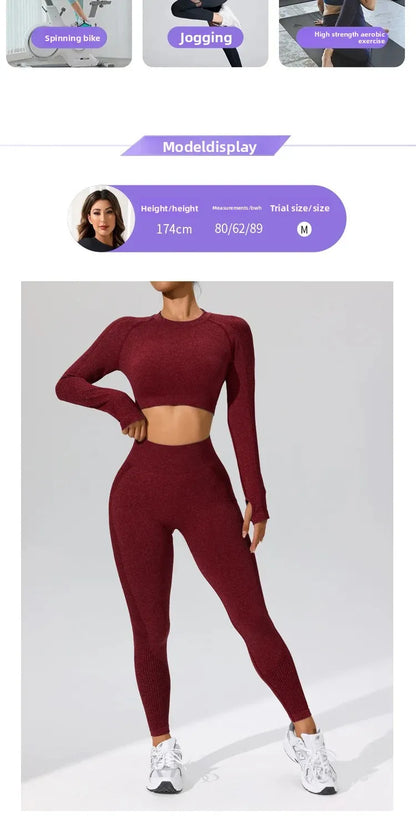 Autumn Winter Yoga Fitness Sportswear Long Sleeve Women's Top And Bottoms Quick Dry Set Finger Snap Gymnastics Outfit.