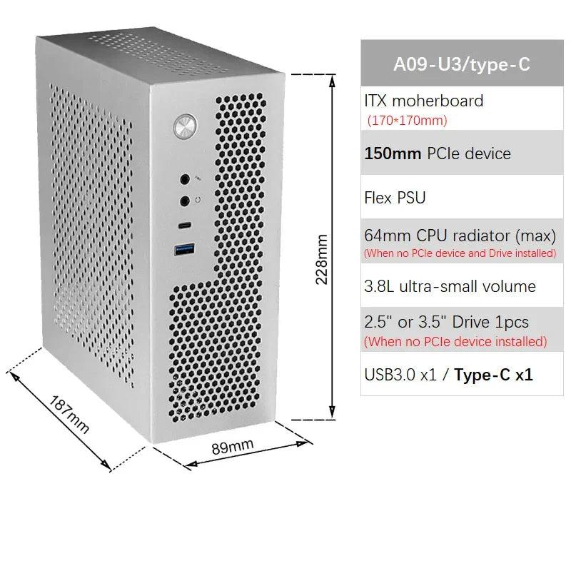 A09 3.8L ITX Chassis A4 HTPC Portable Computer PC Support PCIe 2.5' SSD Drive Mini IPC Flex PSU Case.