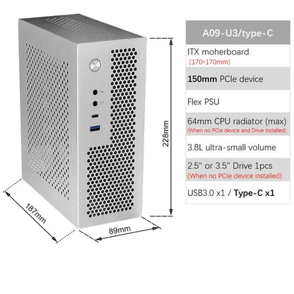 A09 3.8L ITX Chassis A4 HTPC Portable Computer PC Support PCIe 2.5' SSD Drive Mini IPC Flex PSU Case.