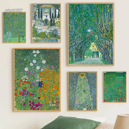 Gustav Klimt Flower Garden Sunflowers Church Canvas Oil Painting Abstract Plants Flowers Wall Art Poster Nordic Home Decor Mural.
