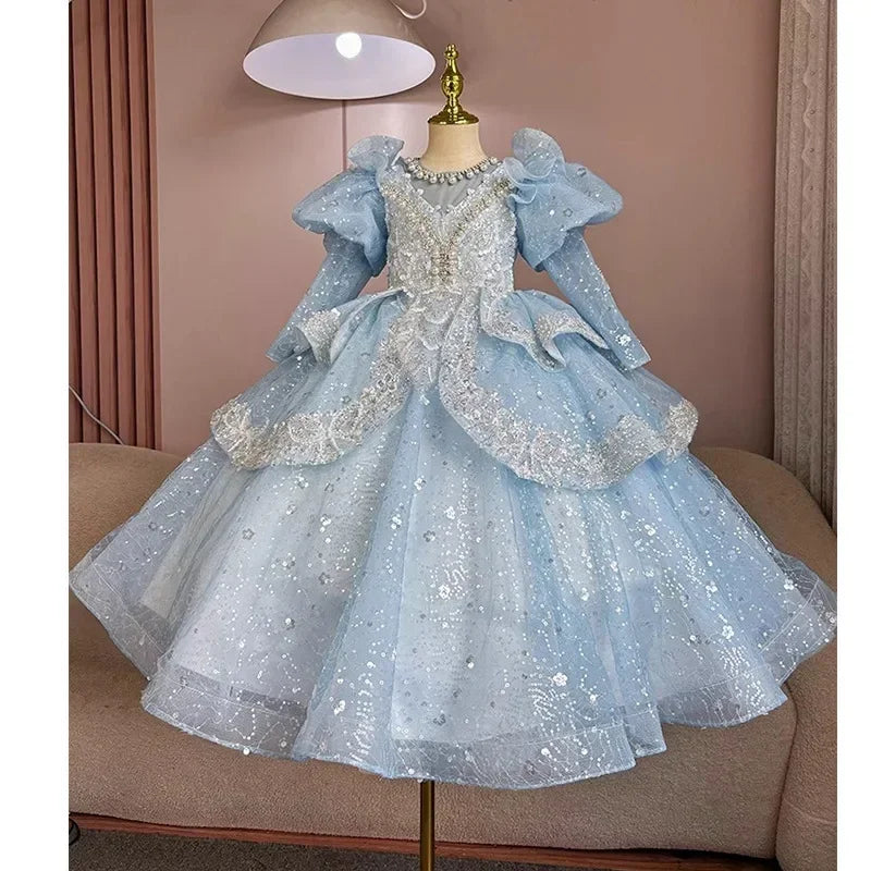 2025, Kinderkleid, Performance-Outfit, Mädchen, Blumenmädchen, Geburtstag, Prinzessin, Kleider, glitzernde Pailletten, geschwollene Partykleidung, Kinderkleid, Rot.