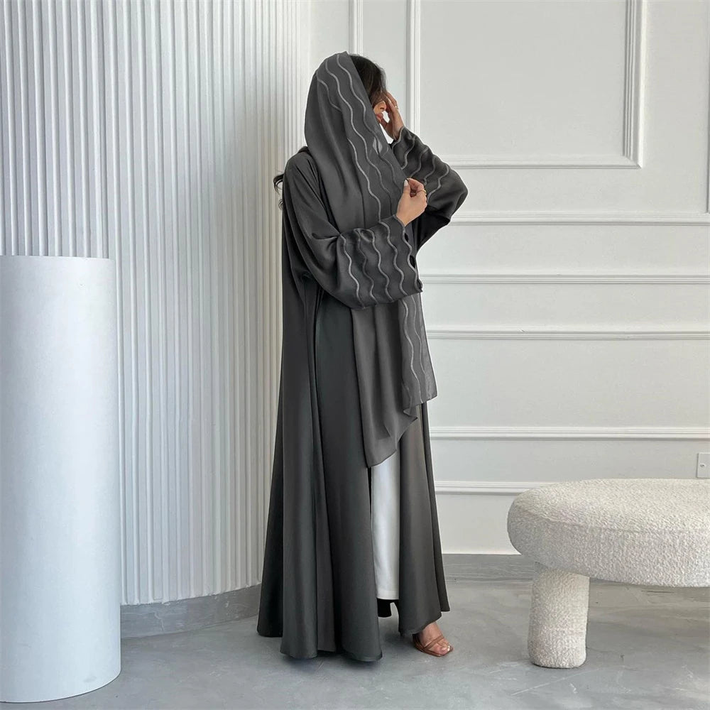 Ramadan Eid Women Gray Black Dubai Khimar Abaya Islam Muslim Kimono Hijab Dress Set Kebaya Kaftan Djellaba Robe Femme Musulmane.