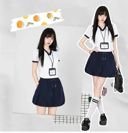 Korean College Style Half-length Shorts Floral Pants White Short-sleeved Set 2025 Versatile New Model Cotton V-neck T-shirt.