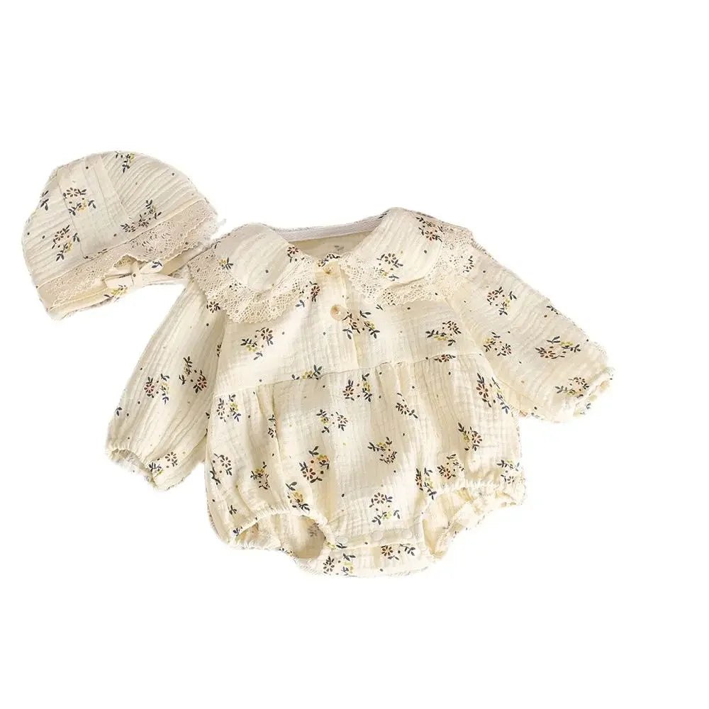 2023 frühjahr Neue Baby Kleidung Floral Body für Kleinkind Mädchen Kleinkind Peter Pan Kragen Langarm Ein Stück mit Hut 0-2 Y