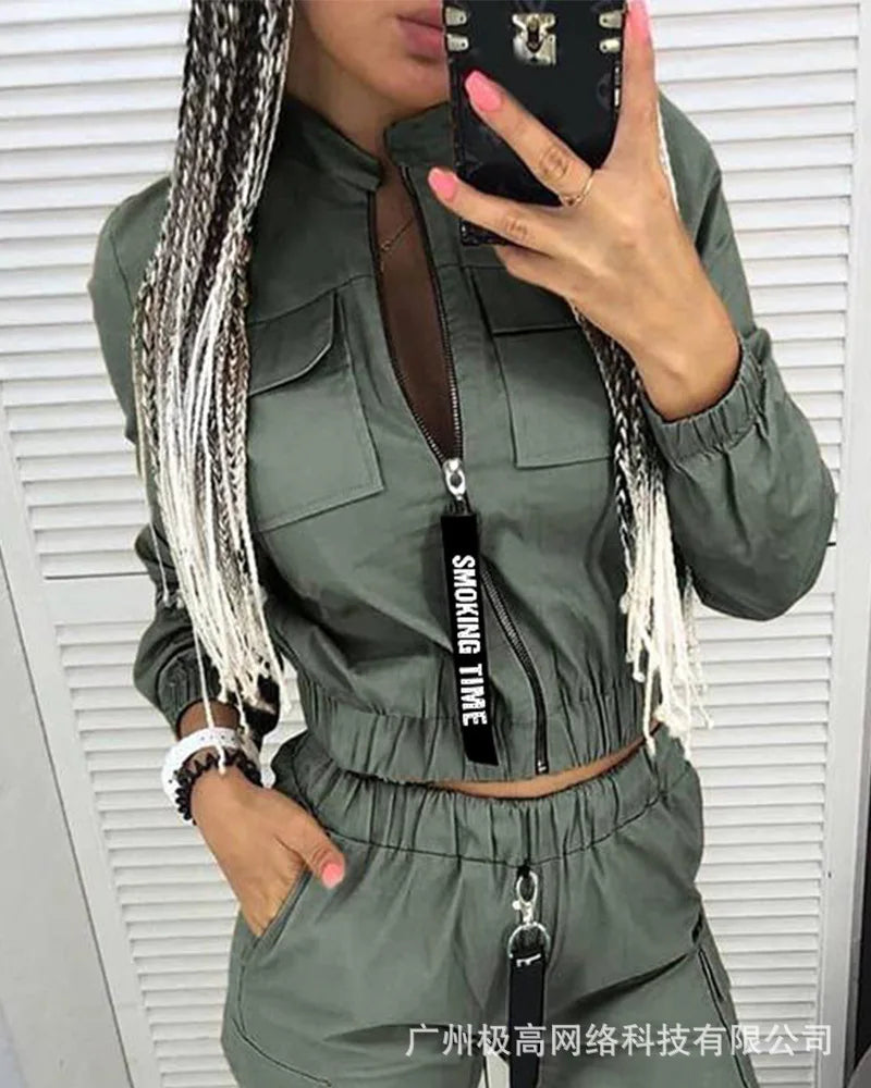 New Women Fashion Casual Autumn Winter 2pcs Clothes Set Pockets Zipper Long Sleeve Top Elastic Waist Pants Cargo Solid Color.