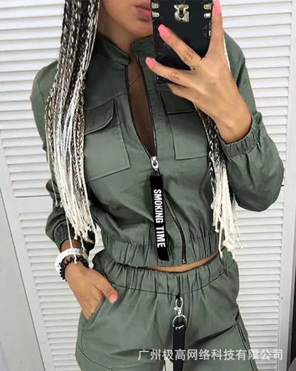 New Women Fashion Casual Autumn Winter 2pcs Clothes Set Pockets Zipper Long Sleeve Top Elastic Waist Pants Cargo Solid Color.