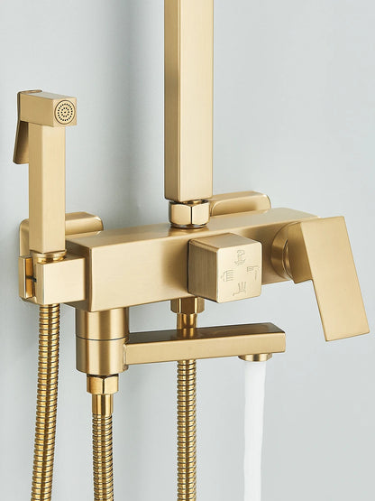 4 in 1 Gold Brushed Shower System Rainfall Shower Hot Cold Water Mixer With Bidet Faucet Bath Shower Faucet For Bathroom