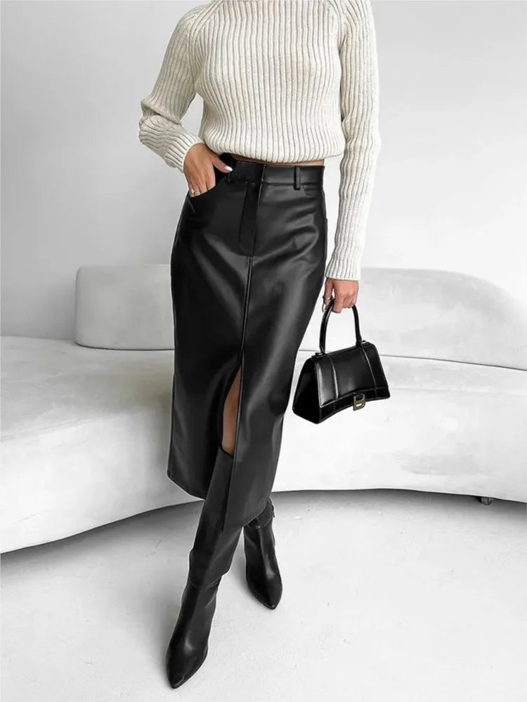Leather Skirt High Waist Women Front Slit Spring Autumn Long Skirt High Waisted Office Lady Slim Skirts Elegant Ropa De Mujer.