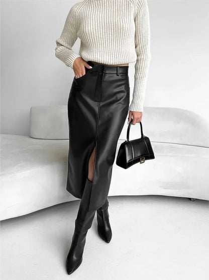 Leather Skirt High Waist Women Front Slit Spring Autumn Long Skirt High Waisted Office Lady Slim Skirts Elegant Ropa De Mujer.