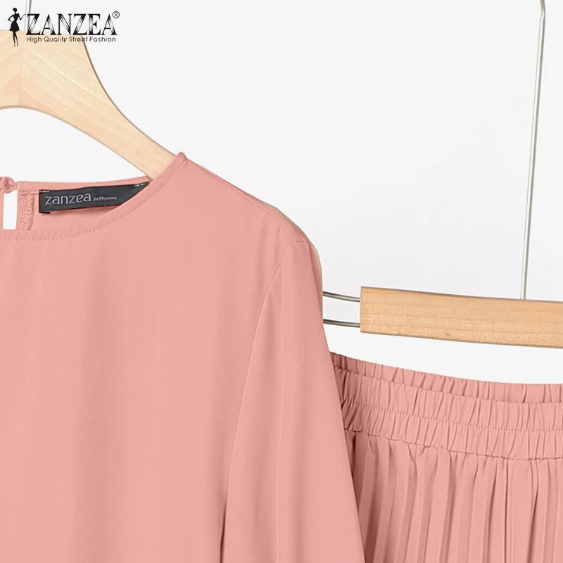 ZANZEA Muslim Women 2 Pieces Pant Sets Hijabis Casual Asymmetric Hem Long Sleeve Blouses & Pleated Pants 2pcs Suits Outfits