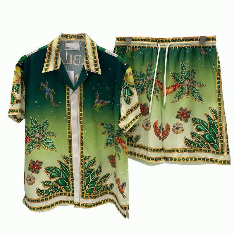 New Fashionable Digital Print Men's Short Sleeve Shirt And Shorts Set Popular with Young People across Borders Lightweight Cloth.