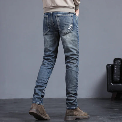 New Men's Vintage Jeans Korean Fashion Slim Little Feet Embroidered Trousers Stretch Male Streetwear Denim Pants.