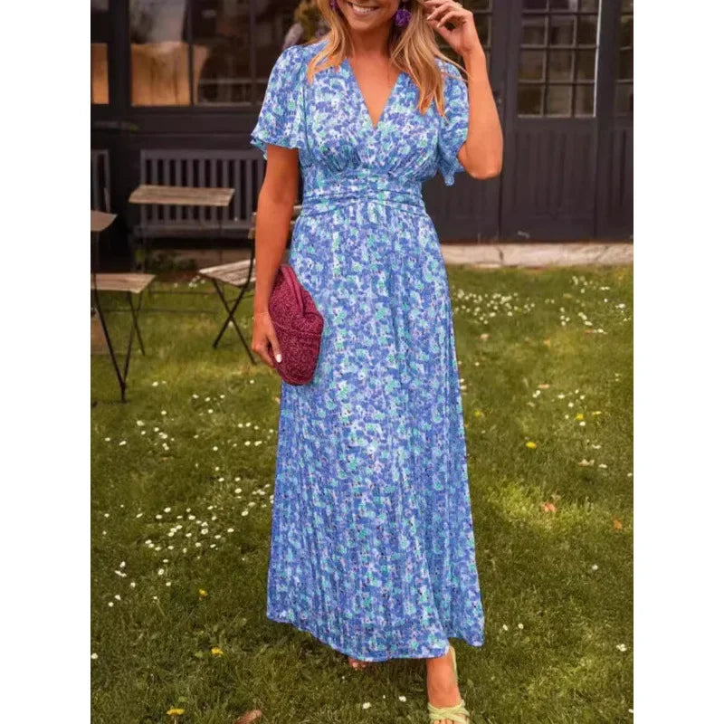 Shein 2024 Neues langes Damenkleid, elegantes bedrucktes, tailliertes Kleid mit V-Ausschnitt, modische Außenhandelskleidung.