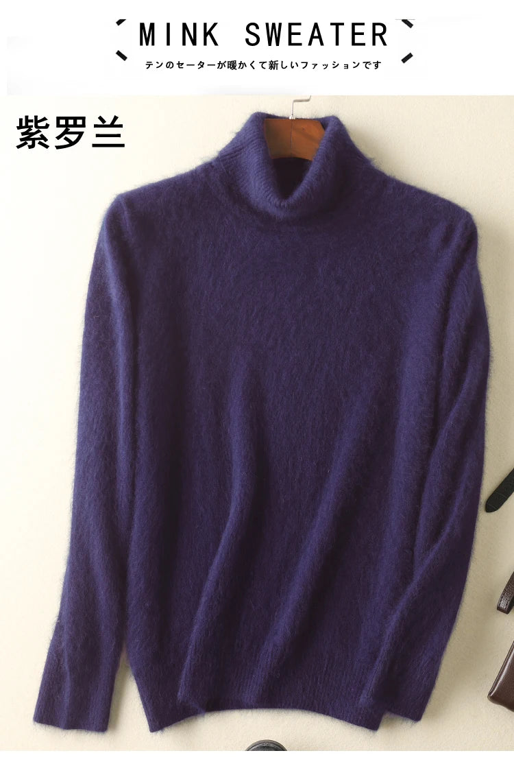 Men's 100% pure Mink Knitted Sweater Turtleneck Large Size Casual Pullover Autumn Winter New Base Shirt Men Warm High Lapels Top