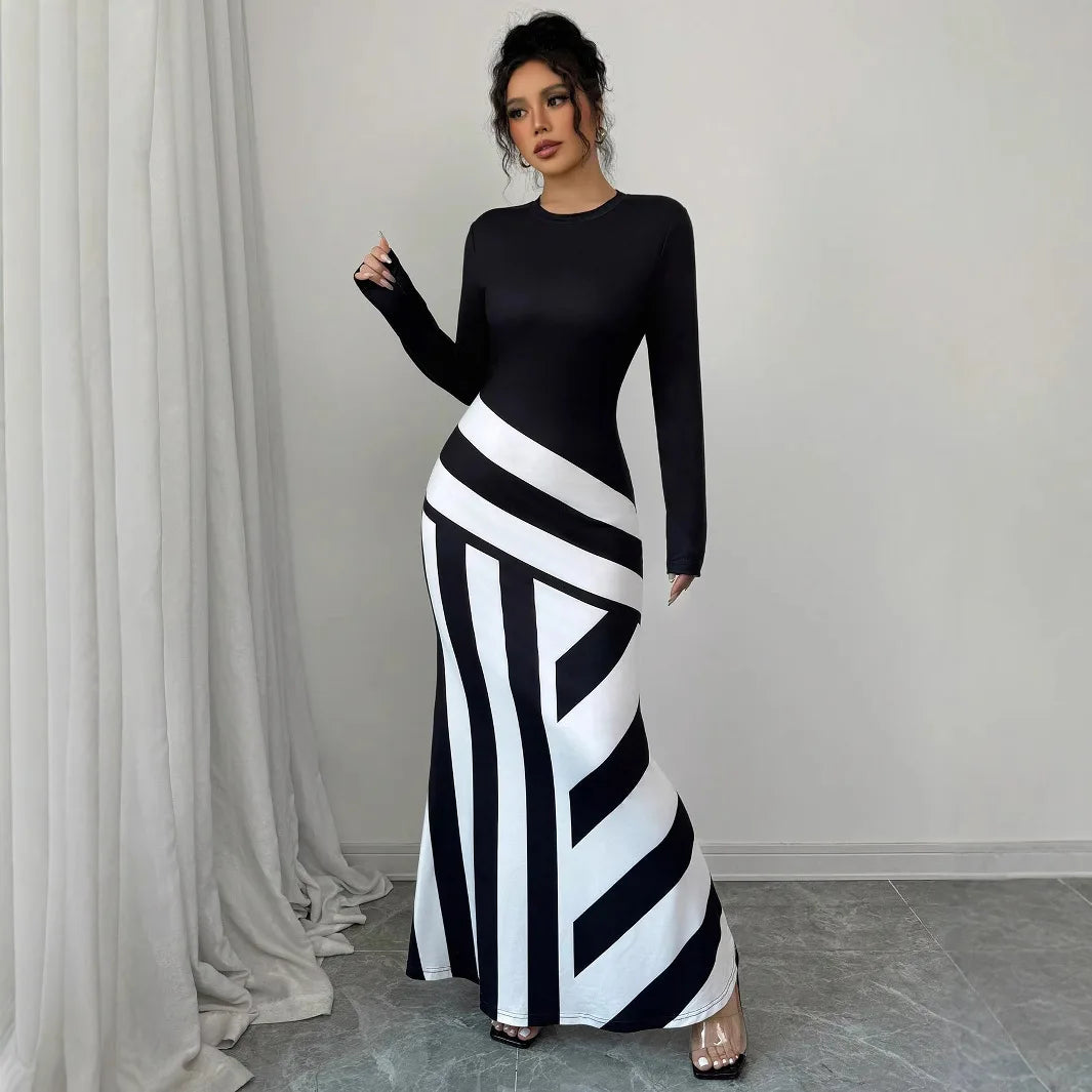 Sexy frauen Maxi Kleider Neue Herbst Streetwear Fashion Schwarz Weiß Patchwork Beiläufige Dünnes Kleid Elegante Gestrickte Kleider Kleidung.