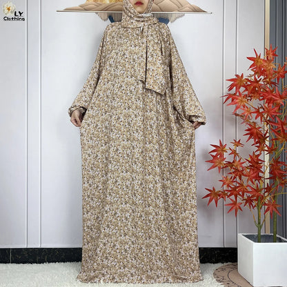 New Muslim Long Sleeved Cotton For Women Ramadan Prayer Turkey Middle East Femme Robe Floral Loose African Abaya Dress Scarfs.