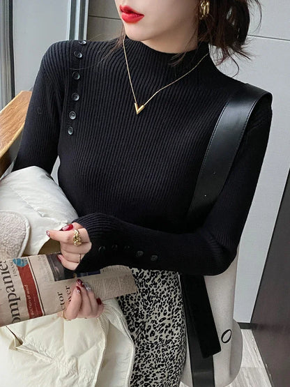 Langarm Beiläufige Dünne Pullover Mode Taste Grundlegende Gestrickte Tops Frauen Rollkragenpullover Koreanische Mode Einfache Chic Kleidung