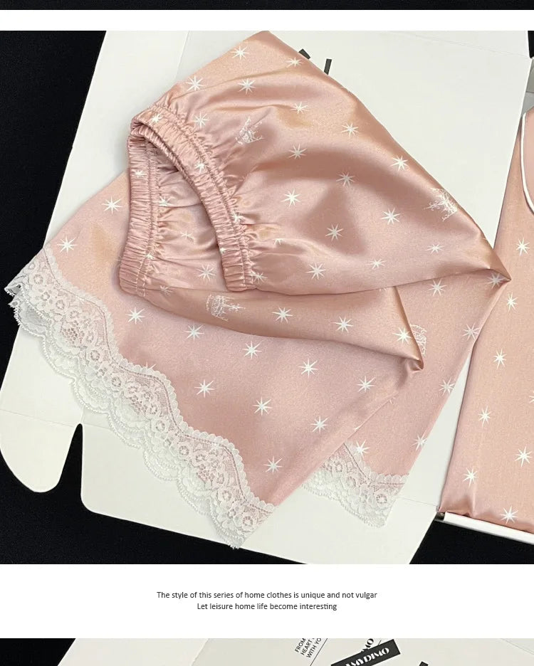 Frauen Neue Sommer Eis Seide Ins Sterne Floral Süße Pyjamas Mädchen Sommer Kurzarm Shorts Studentenwohnheim Homewear Anzug.