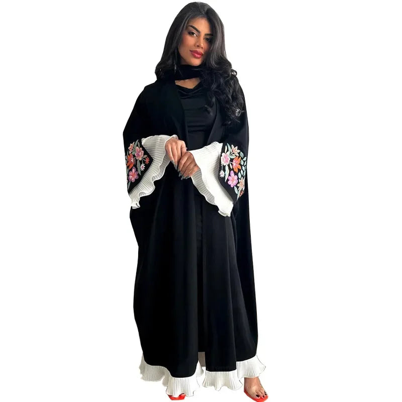 Arabian Embroidery Robe Muslim Women One Size Dubai Fashion Outer Wear Abaya Pleated Splicing Dress.