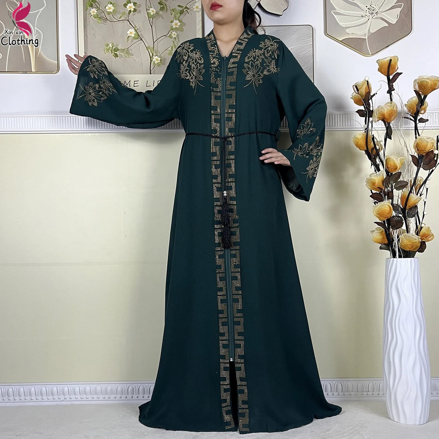 New Muslim Abayas For Women Long Sleeved Dress Dubai Lady Elegant Long Dress Islam Clothing African Abaya Loose Robe With Turban.