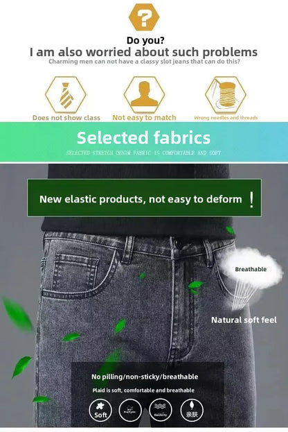 Slim Fit Stretch Business Men's Jeans Summer Trendy Thin Style Male Denim Pants Mid Waist Washed Design Casual Trousers.