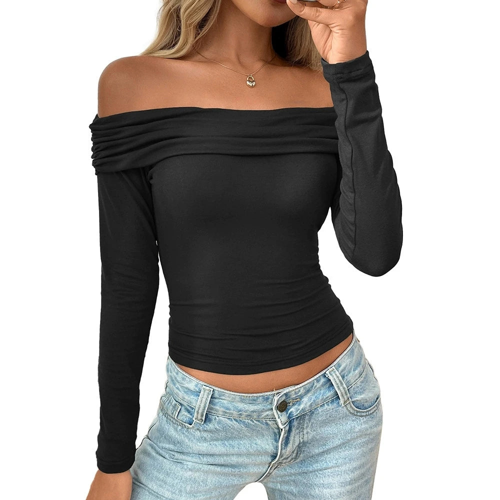 Off-The-Shoulder Women's Blouses Autumn Tops Fashion Patchwork Slim Solid Color Long-Sleeve Female's T Shirts Sexy Y2K Tops 2025