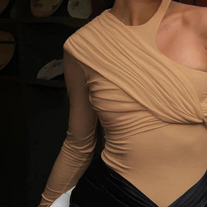 Autumn 2025 Long Sleeve Pullover New Fashion Sexy Spice Girls Crew Neck Single Rotator Sleeve Pleated Slim Bodysuit Women.