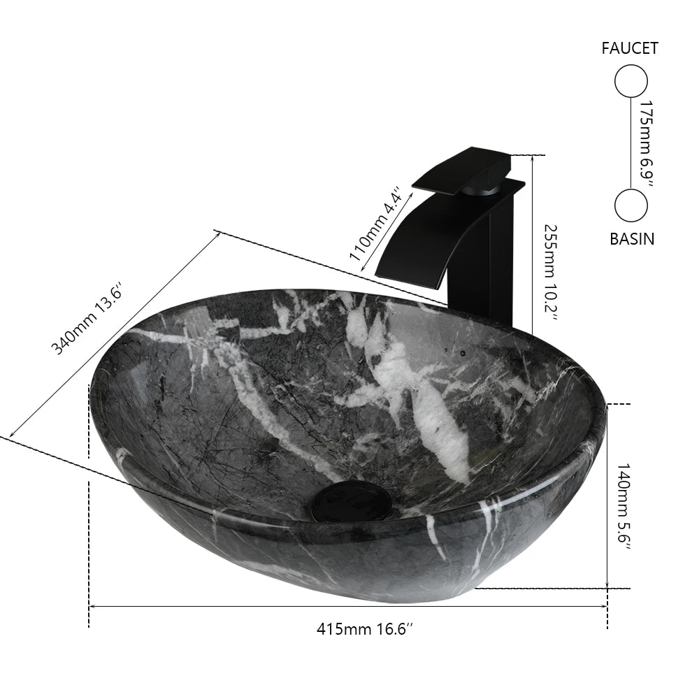 KEMAIDI Ovales Waschbecken mit Wasserhahn, weiße Marmorierung, Badezimmer-Waschbecken über der Theke, Keramik-Waschbecken für Badezimmermischer