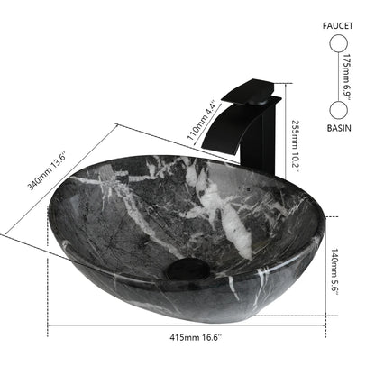 KEMAIDI Ovales Waschbecken mit Wasserhahn, weiße Marmorierung, Badezimmer-Waschbecken über der Theke, Keramik-Waschbecken für Badezimmermischer