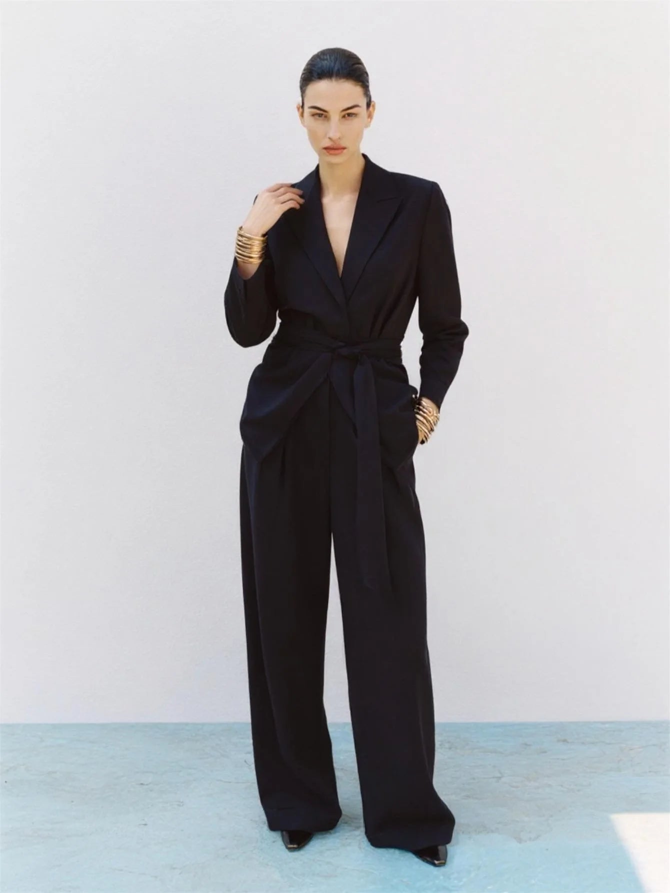 Mia Muse Boutique Women's Sets Autumn Fashion Plain Lace-Up Long Sleeve Lapel Natural Waist Full Length Casual Pants Sets.