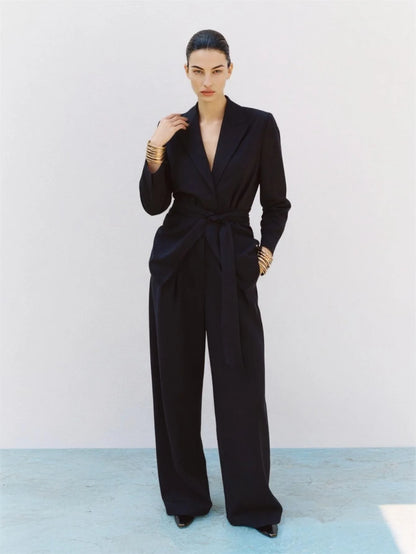 Mia Muse Boutique Women's Sets Autumn Fashion Plain Lace-Up Long Sleeve Lapel Natural Waist Full Length Casual Pants Sets.