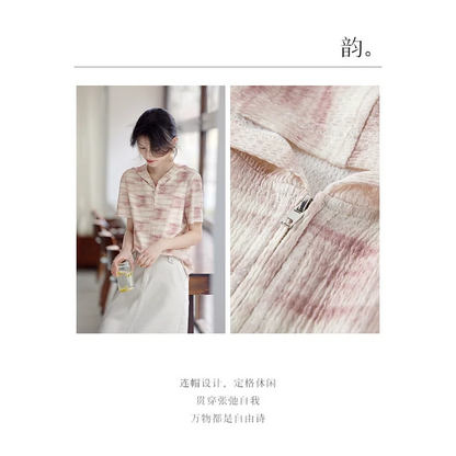 Elegant and Versatile Smudged Hooded T-shirt for Women's Simple Semi-zipper Casual Short-sleeved Top.