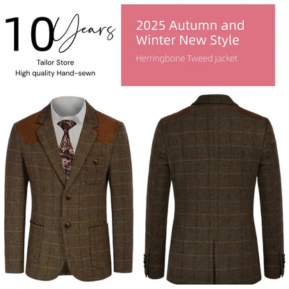 British-style men's suit jacket Houndstooth tweed sports jacket Double-breasted formal jacket    British-Style Men's Suit Jacket.