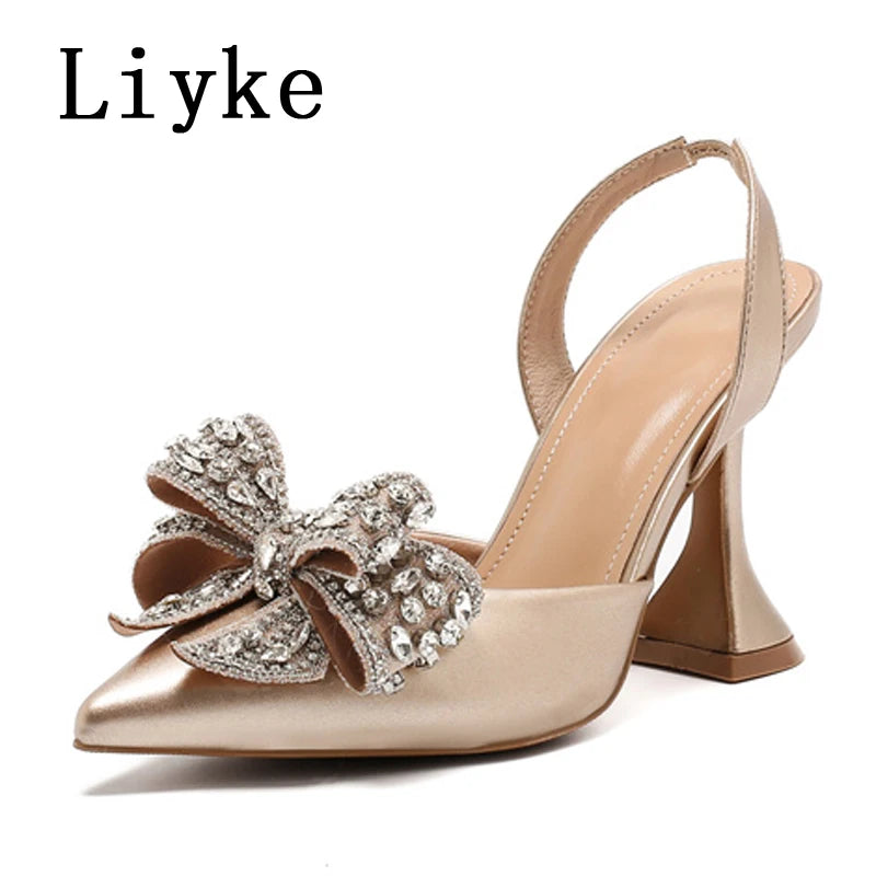 Liyke Spring Summer Fashion Rhinestone Bowknot Women Pumps Sexy Silk Pointed Toe Strange High Heels Party Prom Shoes Gold Silver.