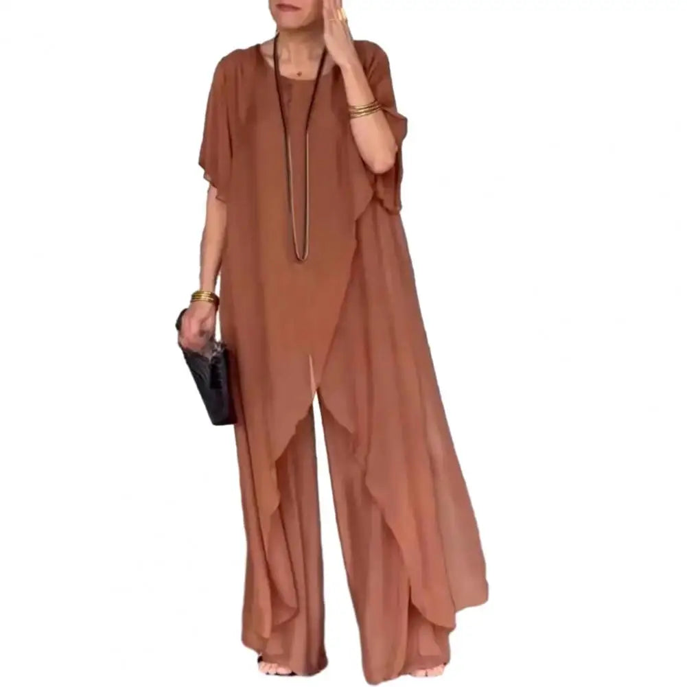 Women Cotton Linen Pant Sets 2 Pieces Casual Short Sleeve Solid Loose Blouse&High Elastic Waist Wide Leg Full Trousers Suits.