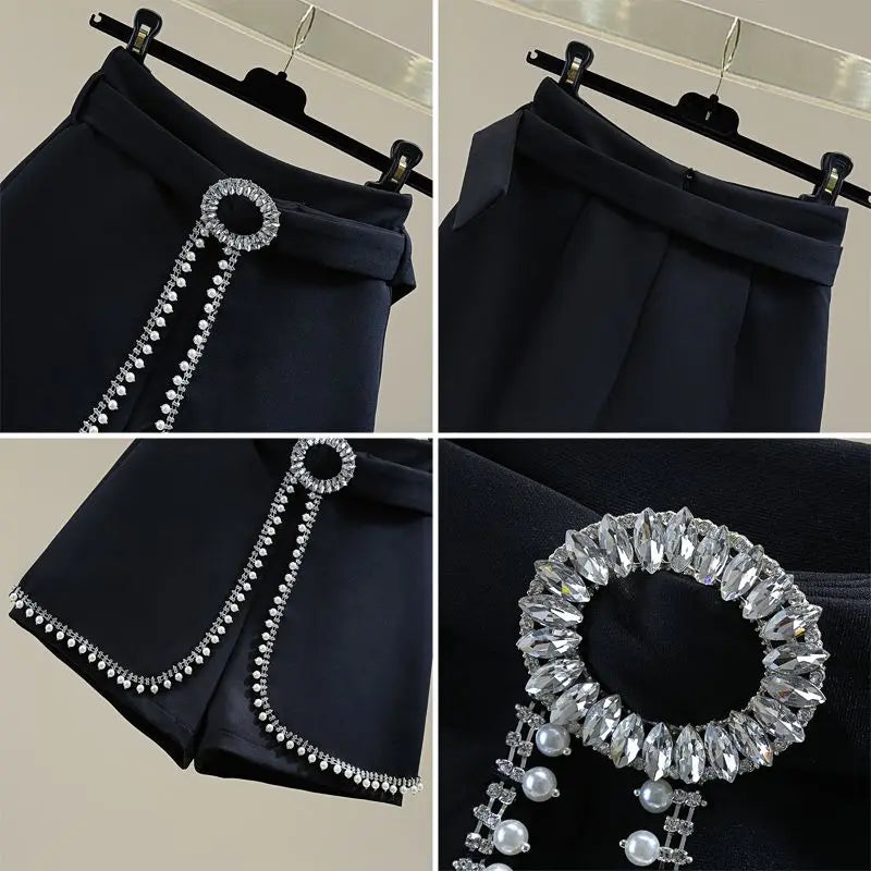 2025 Spring Summer New Simplicity Fashion Diamonds High Waist Shorts Women Clothes Fashion Patchwork Solid Color Wide Leg Pants